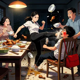 Em Trai Mắng Tôi Không Xứng Ăn Đùi Gà, Tôi Một Cước Đá Nó Ngã Lăn Khỏi Ghế